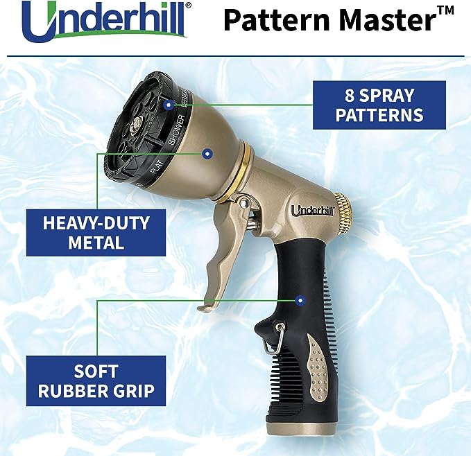 Underhill Garden Water Hose Nozzle Sprayer Head, 3/4-Inch Thread Inlet, Jet Attachment, Heavy-Duty Metal, Plant Watering, Adjustable 8 Spray Patterns, Pattern Master Gold Series, NG200-8S